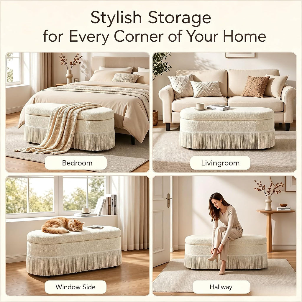 End of Bed Storage Bench, Oval Chenille Fringe Ottoman | 39"L × 16"D × 16"H, 350 lbs Capacity, Twist-On Metal Legs