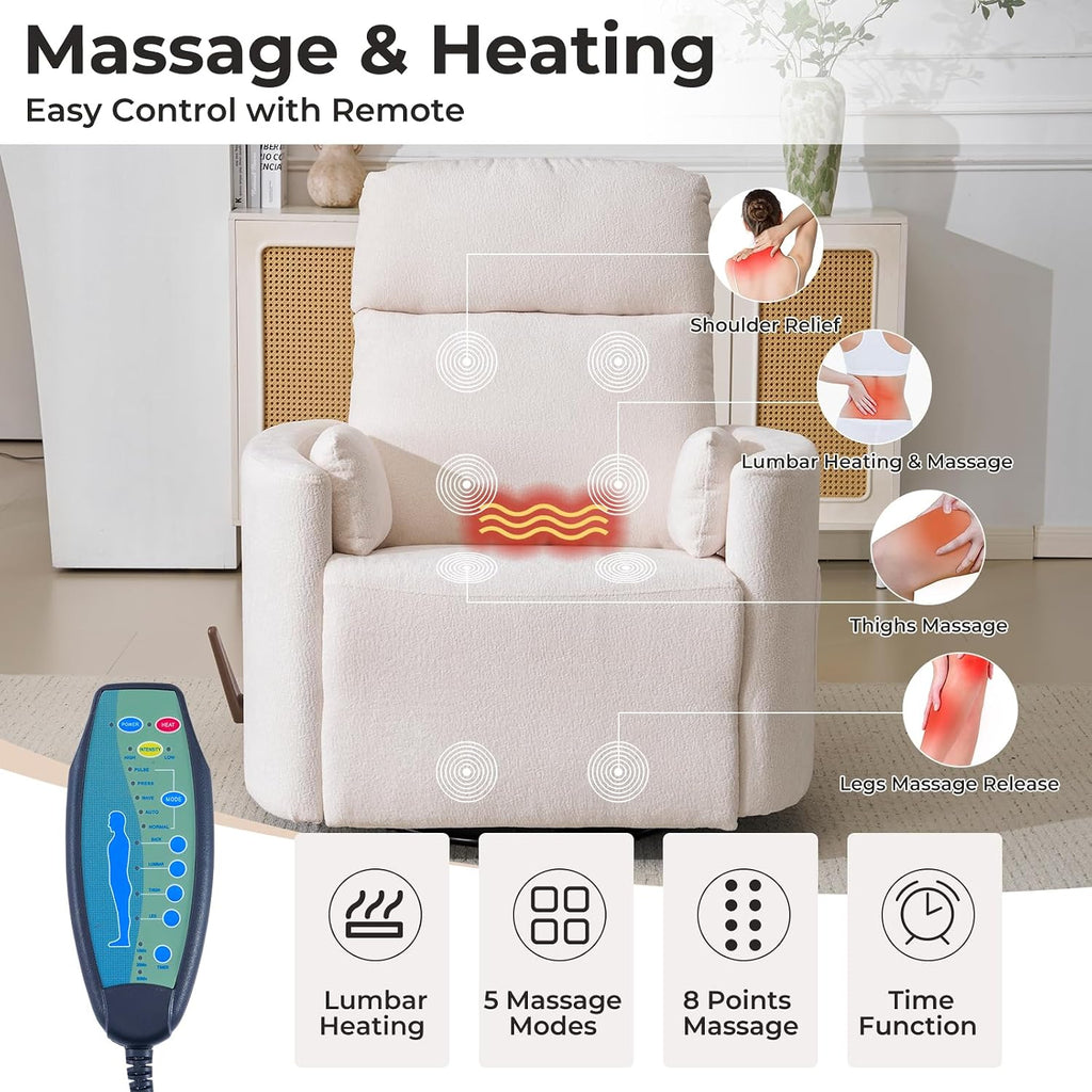 Oversized Swivel Recliner Chair with Massage and Heat, Rocking Chair Nursery with Adjustable Headrest, Rocking Chair