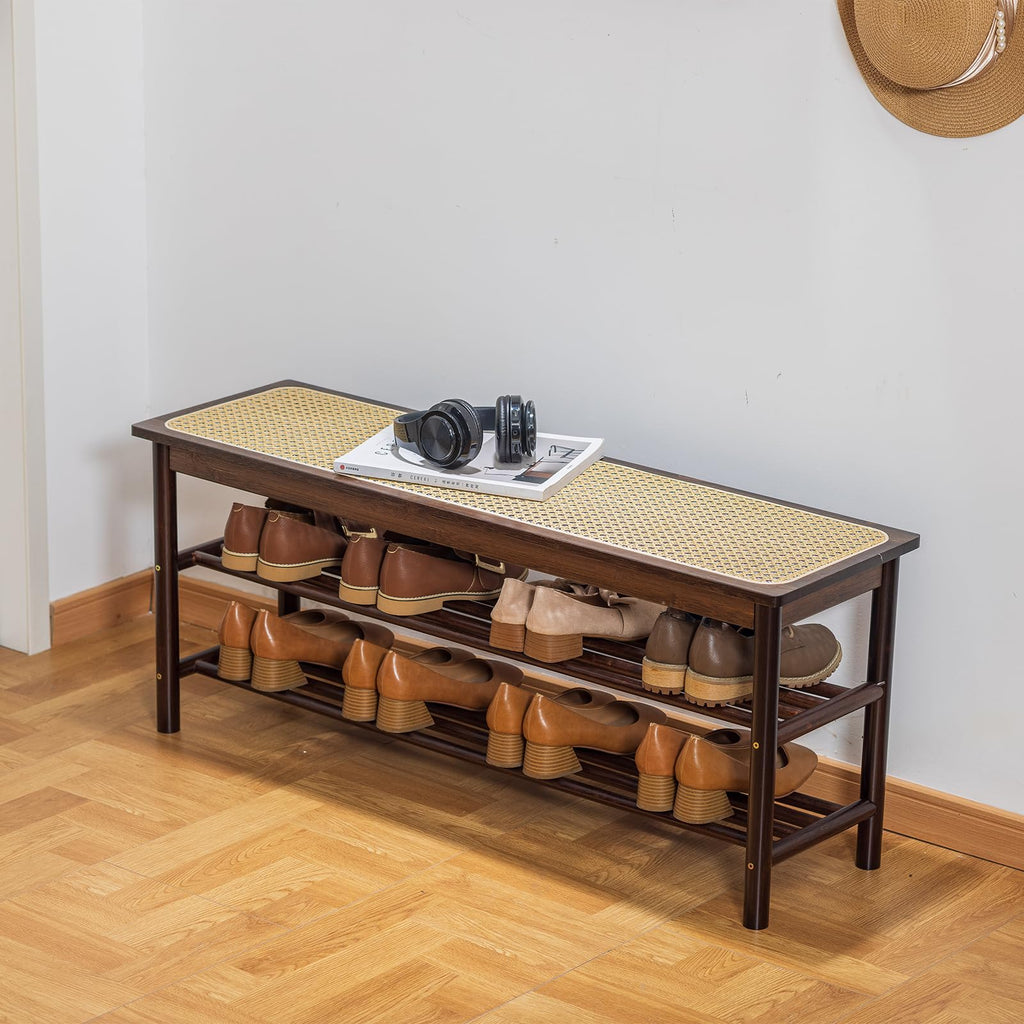 Bamboo Shoe Rack Bench with Rattan Seat, 3-Tier Shoe Storage Bench, Entryway Bench, Walnut 39.4 inches