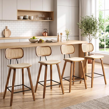 Mid-Century Bar Stools Set of 4, 26 Inch PU Leather Barstools with Open Rattan Backrest Wooden Legs Armless Bar