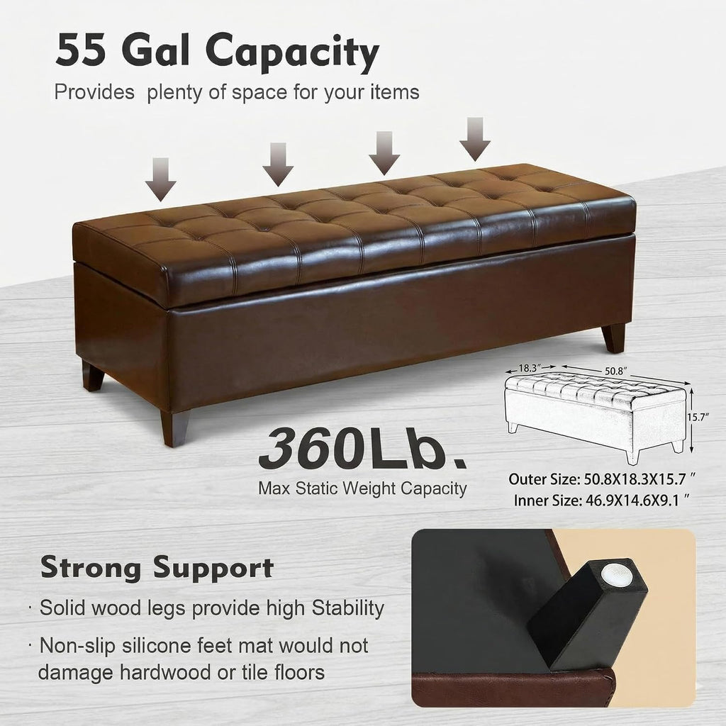Ottoman with Storage, 51 Inch Large Ottomans Storage Bench | Faux Leather Upholstered End of Bed Bench with Hinged