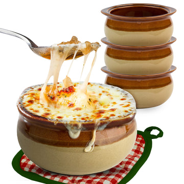 12 oz French Onion Soup Crock (4 Pack) -Two-Toned Brown & Ivory Porcelain Soup Bowls -Oven Safe Soup Bowls -Microwave