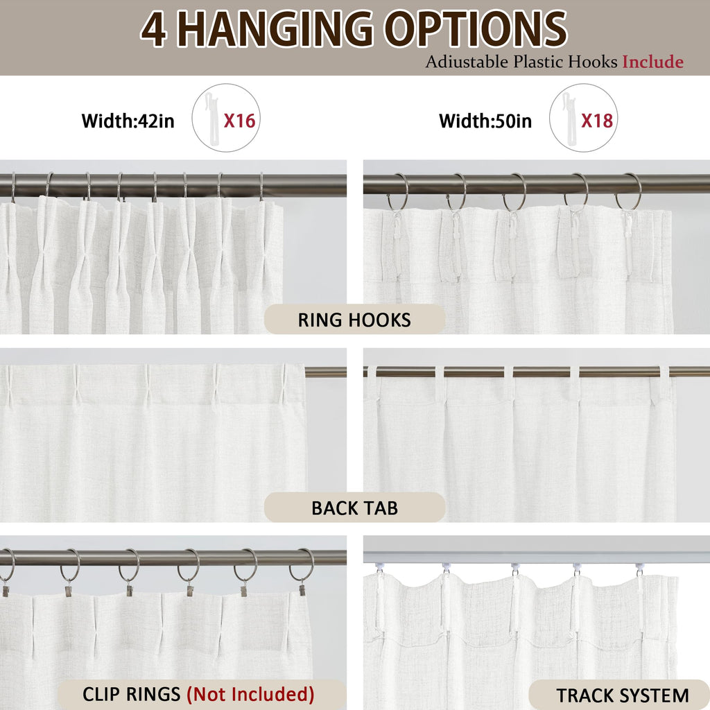 White Linen Pinch Pleated Semi Sheer Curtains 2 Panels 130 Inches Long, Back Tab with Hooks, Window Treatment
