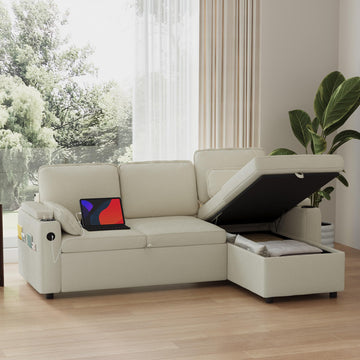 80" Sofa Bed Pull Out L Shaped Couch with Storage Chaise, Beige White