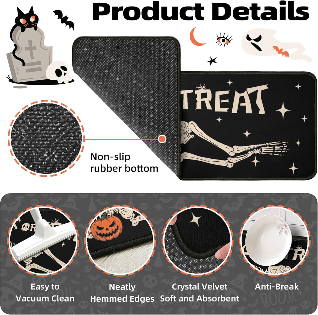 Halloween Kitchen Decor Rugs Set,Skeleton Kitchen Rugs and Mats Non Skid Washable Absorbent Kitchen - Set of 2
