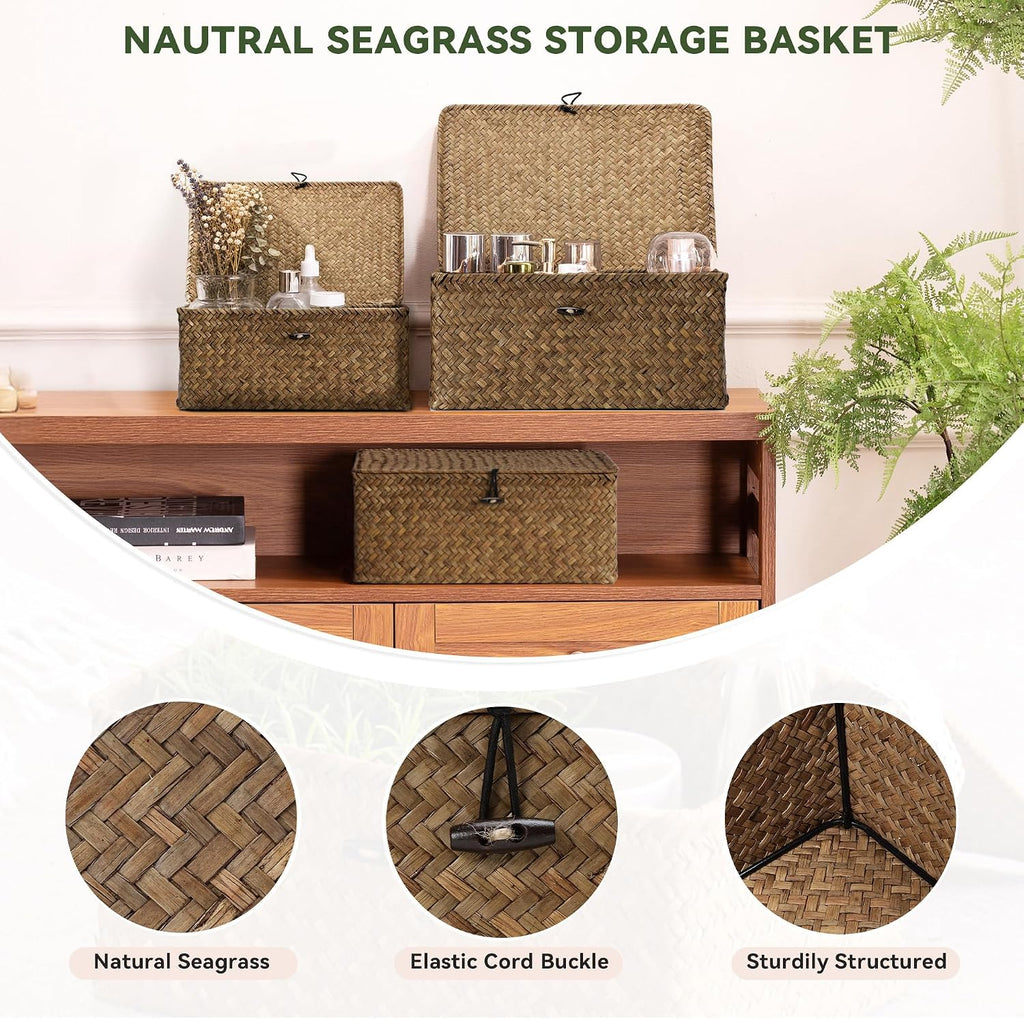 Seagrass Storage Baskets with Lid Set of 3,Wicker Basket Storage Bin for Shelves,Rectangular,Boho Decor,Handwoven