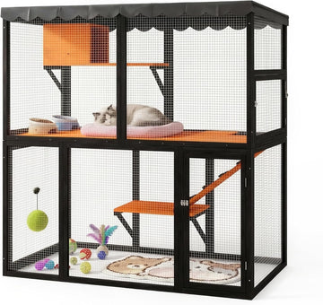Wooden Catio Outdoor Cat Enclosure, 4-Tier Large Cat House for Multiple Cats with Waterproof Cover and Ramp, Indoor