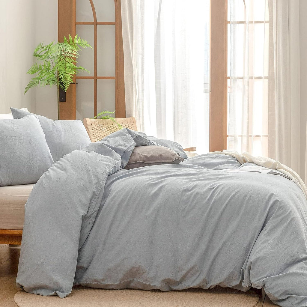 Cotton Solid Duvet Cover Set Linen Feel Cornflower Blue Queen | Washed Cotton, Linen Feel, Soft Wrinkle Texture