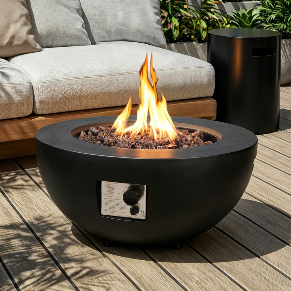 2-Piece Outdoor Propane Fire Pit Table Set w/Tank Cover Table, 31.5-inch 50, 000 BTU Black Bowl Concrete Firepit
