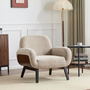 Audrey Modern Fabric Upholstered Accent Chair, Living Room Low Profile Fabric Armchair, Wooden Comfy Reading Chair