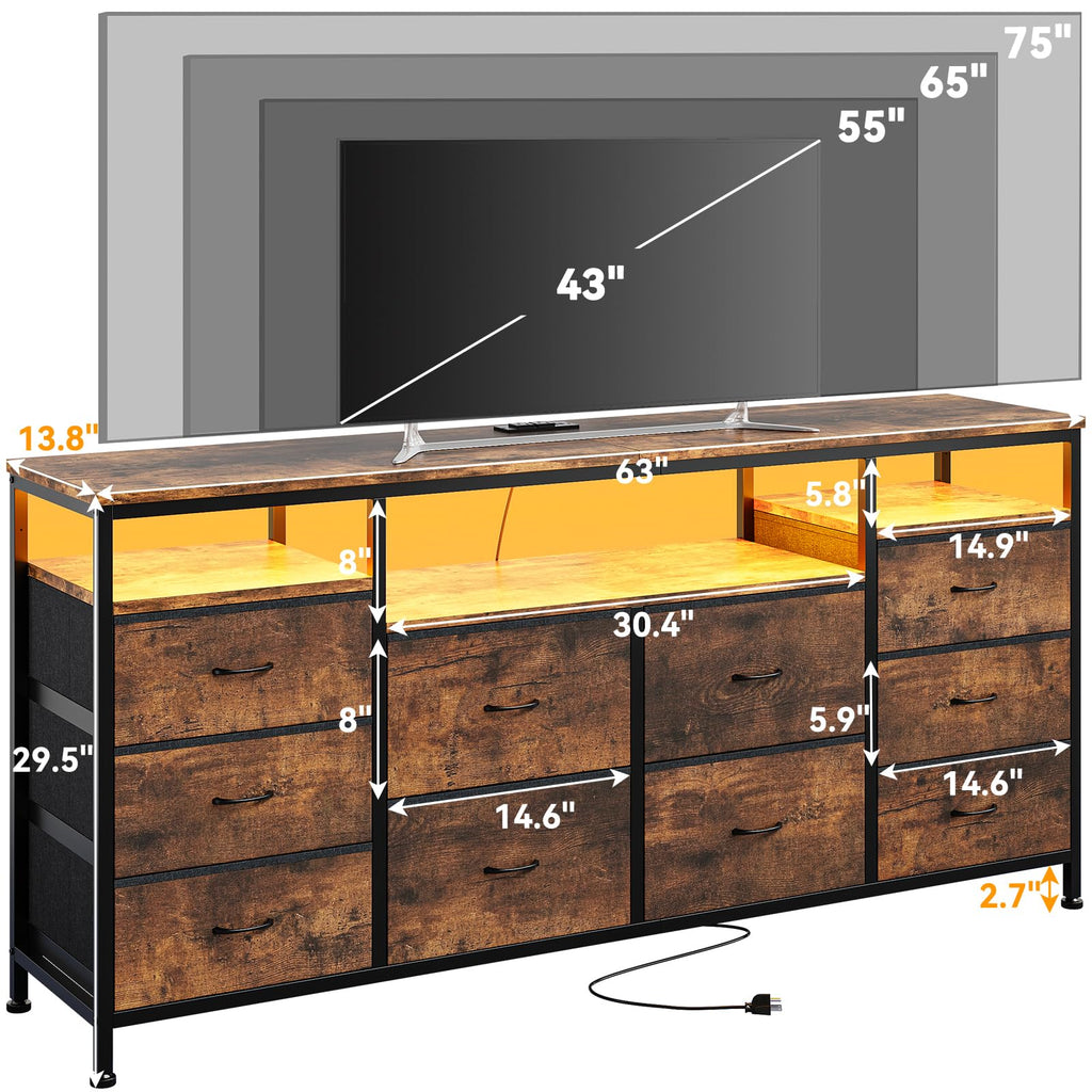 63.3 in Dresser, 10 Drawer Dresser TV Stand for 65 70 75 in TV, Fabric Chest of Drawers with LED Lights & Power