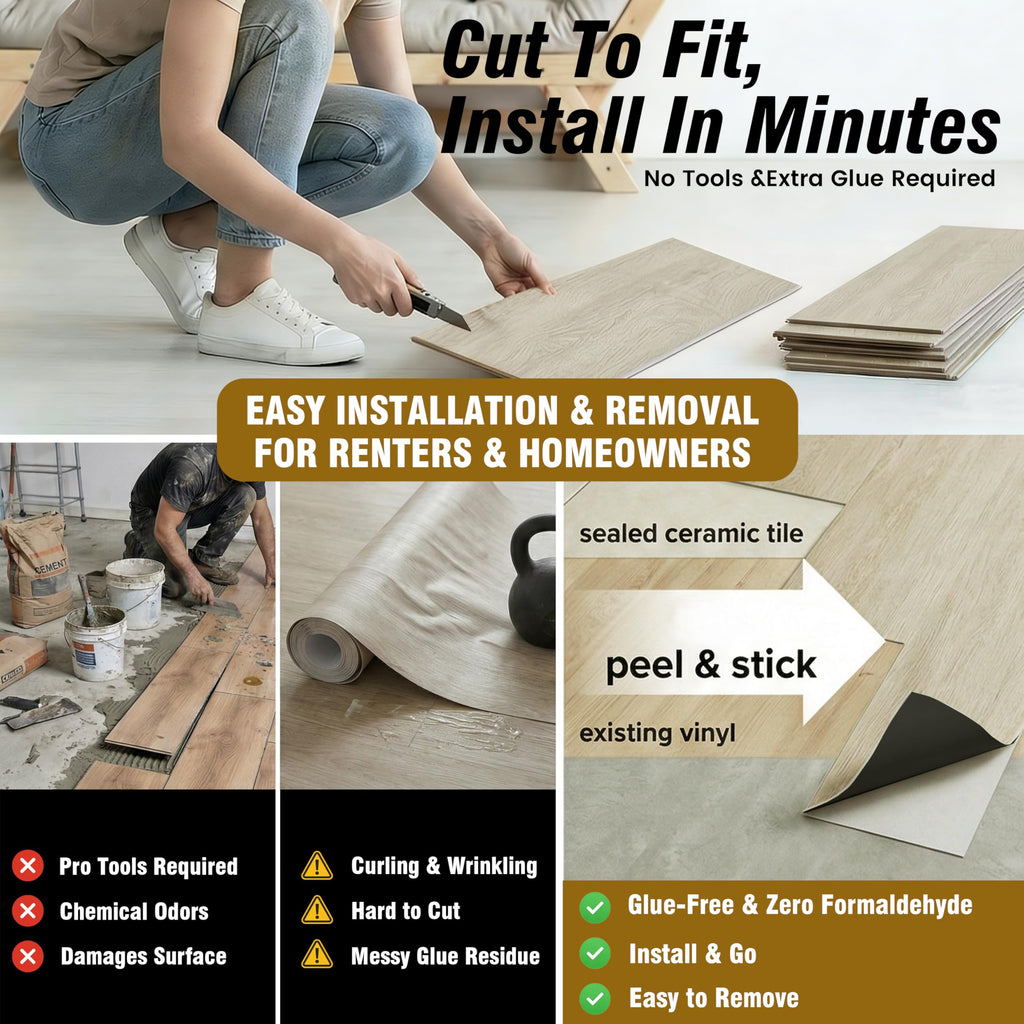 Waterproof Peel and Stick Floor Tile, 54 Sq.Ft Washed Beige Vinyl Flooring