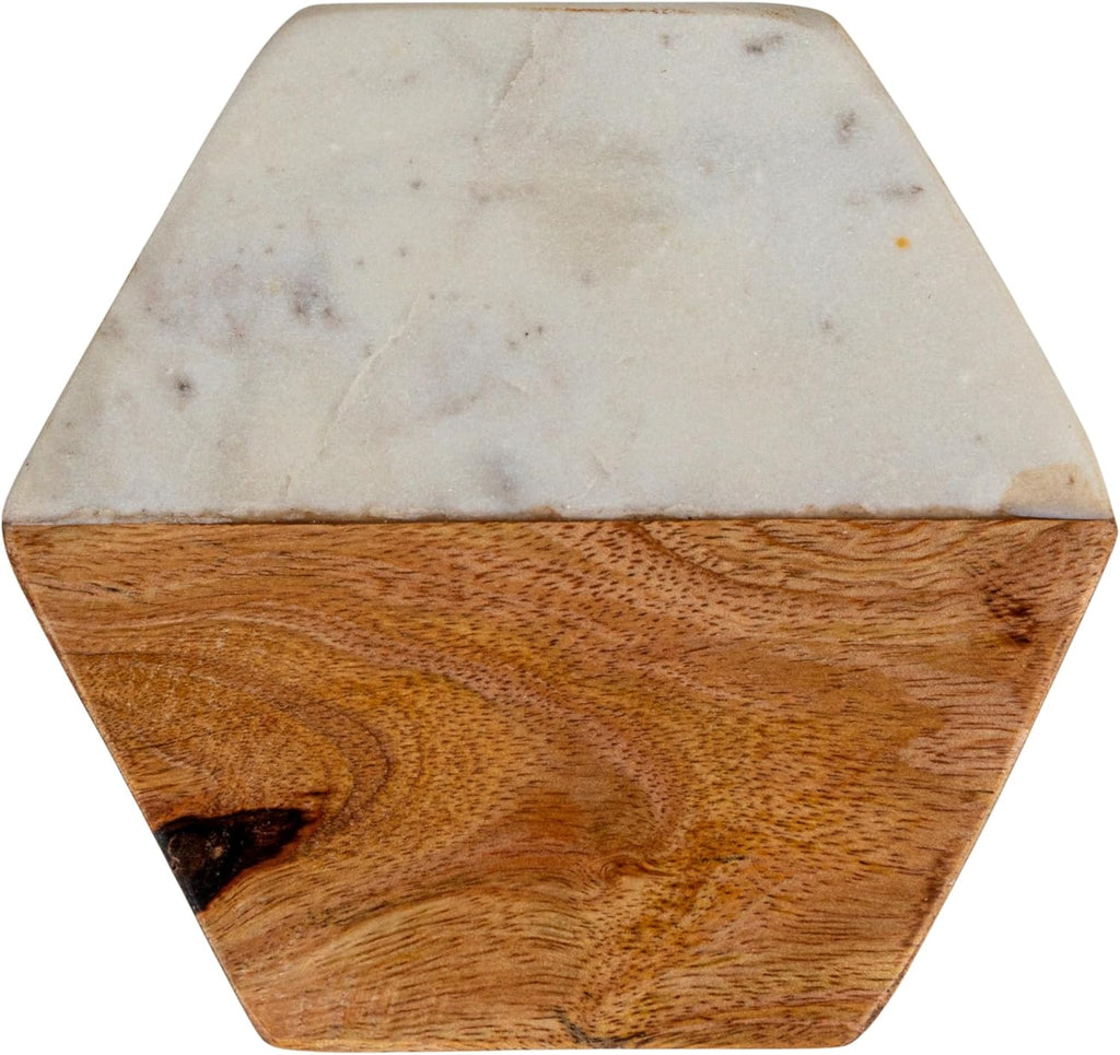 4-Piece Marble and Mango Wood Hexagon Coasters, White and Natural - Set of 4