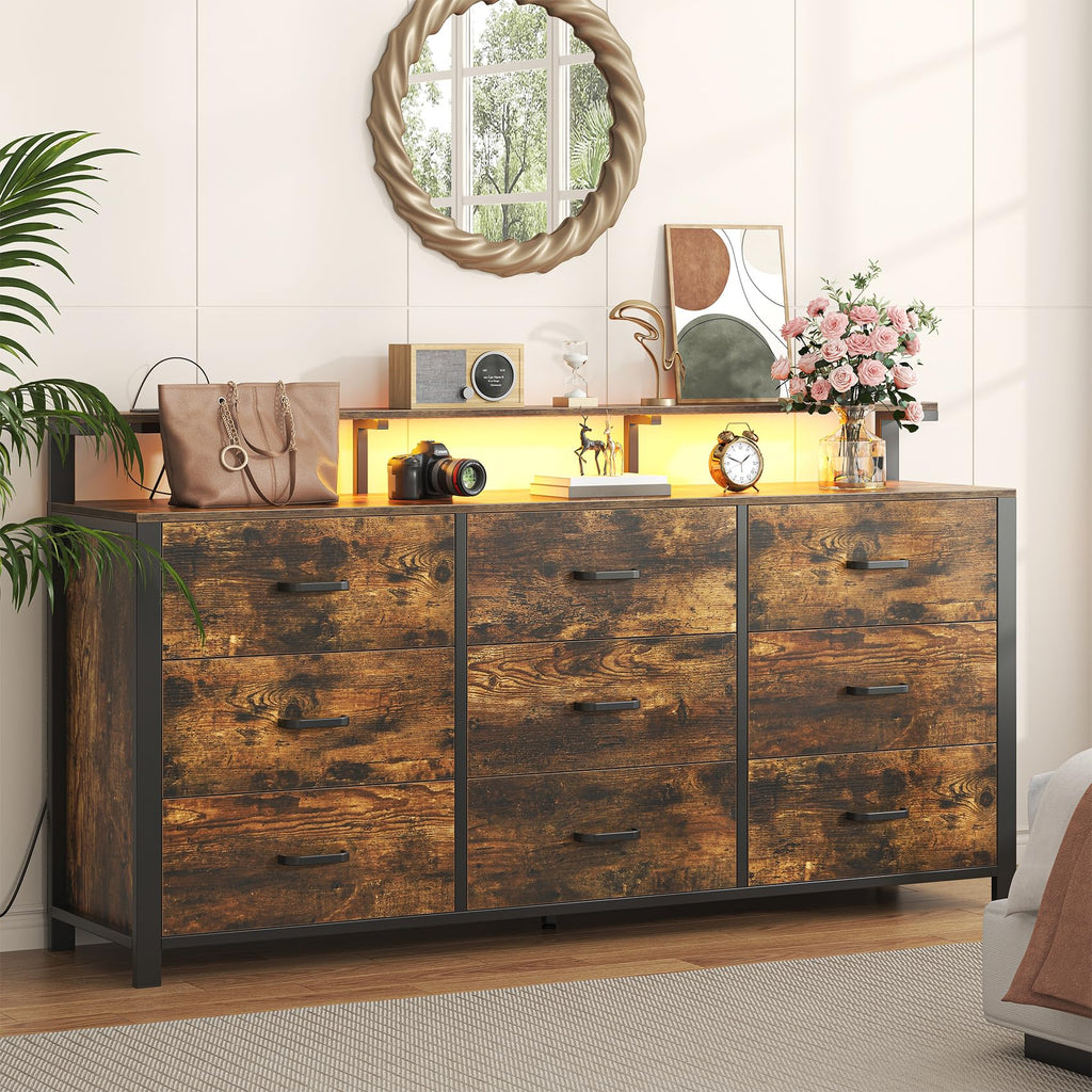 63'' Rustic Brown, 9 Drawer with Power Outlet and Led Lights, Bedroom Furniture with Wooden Drawer and Metal Frame