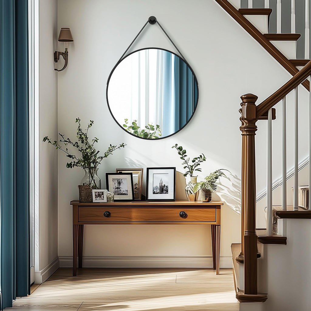 Hanging Strap Wall Mirror: 27.5" Round Bathroom Mirror Black Frame