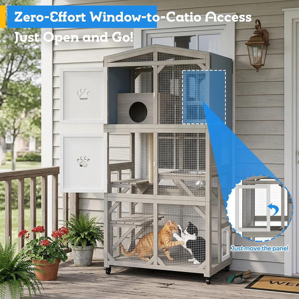 66.2" Catio Outdoor Cat Enclosure with Wheels & Window Access, Portable Large Wooden Cat Catio Cage for Balcony