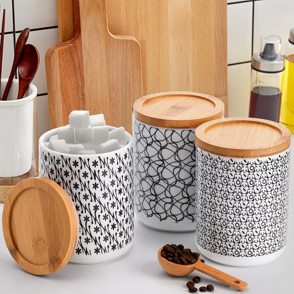 Ceramic Kitchen Canisters, 24oz Airtight Food Storage Jars with Bamboo Lids, Round Coffee Tea Sugar - Set of 3