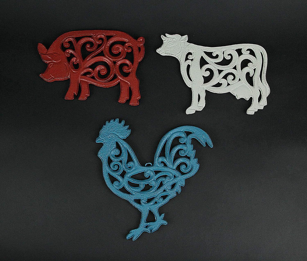 Farm Animal Kitchen Trivets, Red White Blue 9 Inch Cast Iron - Set of 3