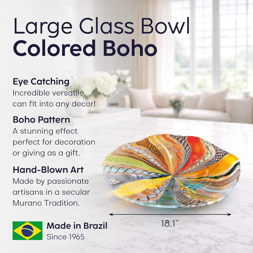 Murano Style Art Glass Bowl Hand Blown Colored Canes Boho Effect Home Decor