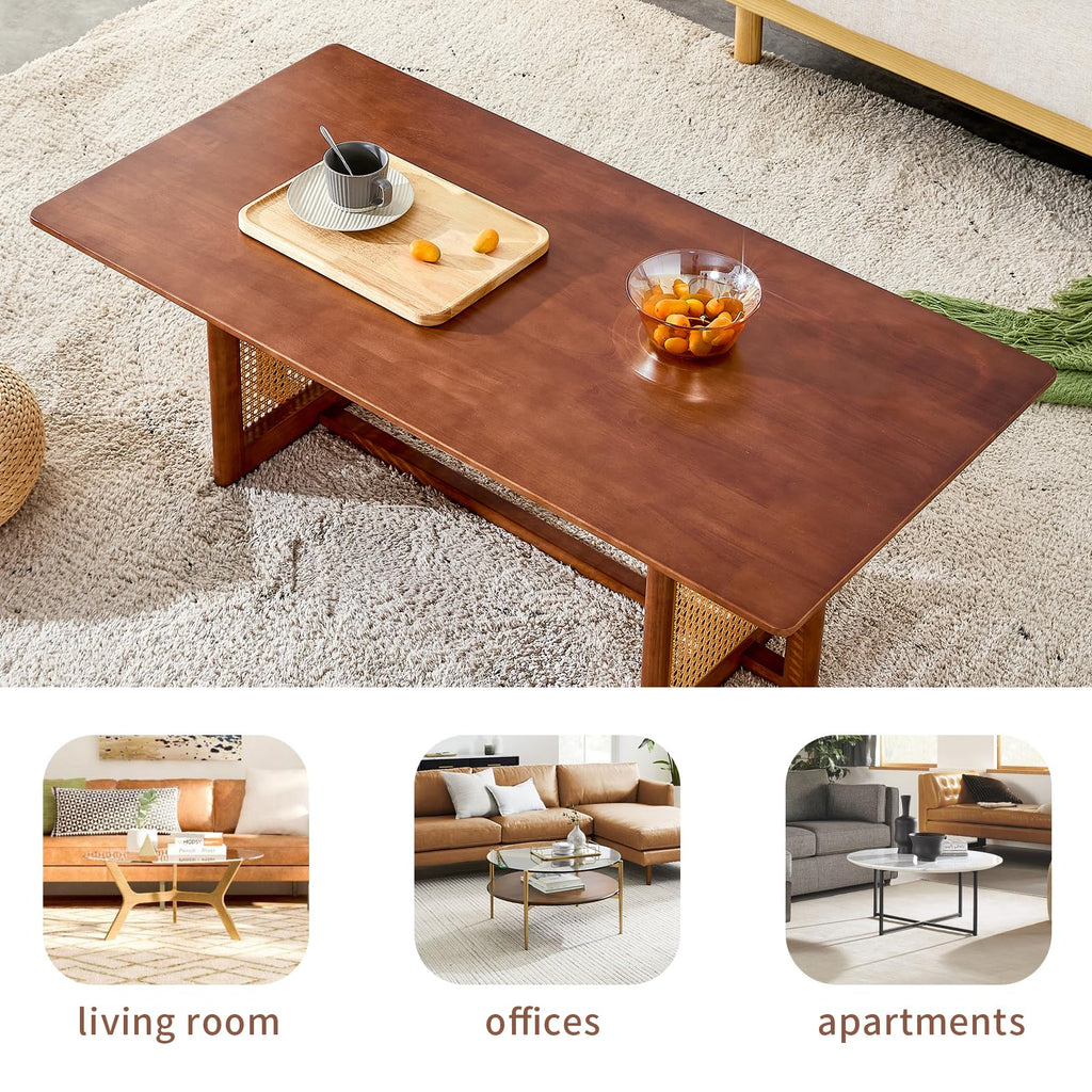 Coffee Table, Rectangle Solid Wood Table Top, Modern Imitation Rattan Coffee Table, Cross Table Legs Tea Table Small