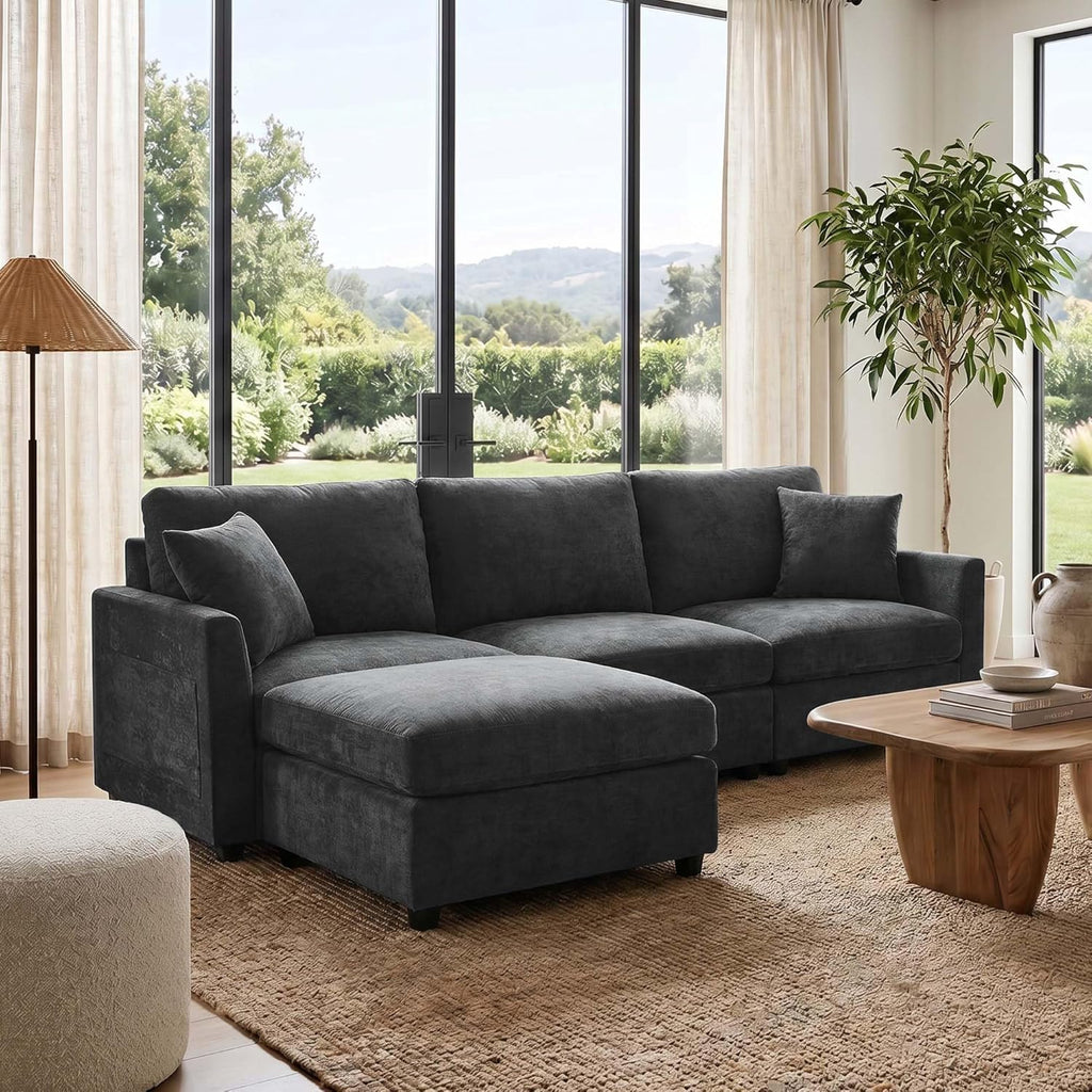 Sectional Couch , Comfy L Shaped Convertible Sofa, 4 Seater Modern Chenille Sofa with Ottoman,Black