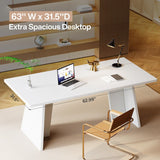 White Executive Desk, 63" Large Office Computer Conference Meeting Table with Wooden Robust Pedestal
