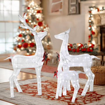 4.5FT Lighted Reindeer Family Set for Christmas Decoration, 3-Piece Pre-Lit Iridescent Deer Xmas Decor with 200 LED