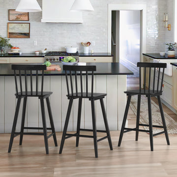 Windsor Wooden Bar Stools Set of 3 Island, Farmhouse 24 Inch Counter Height Stools Chairs with Spindle Back, Black