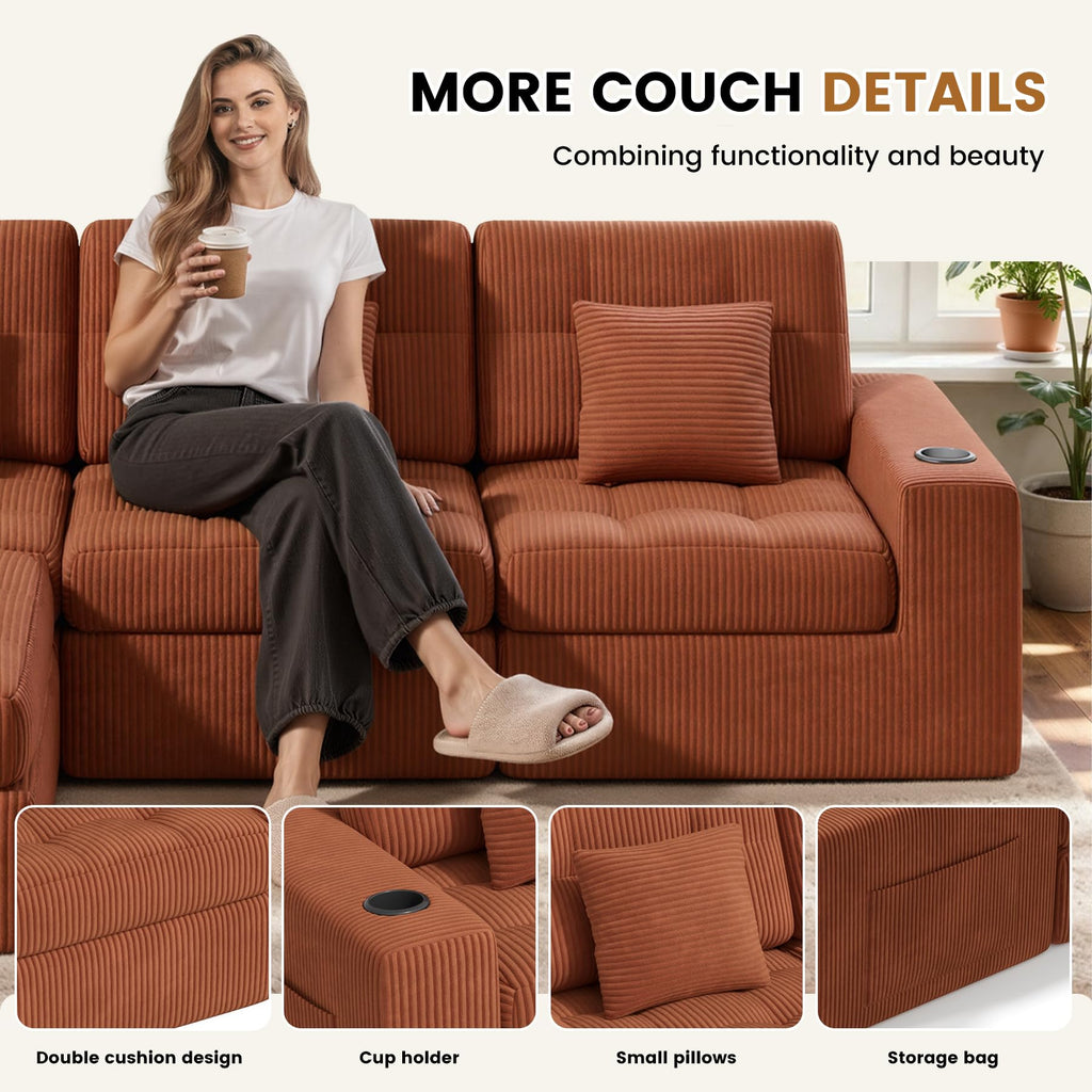 144" U Shaped Cloud Boneless Couch, Modern Modular Sectional Sofa with Layered Cushion, No Assembly Convertible