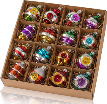 Vintage Glass Christmas Ornament Reflector Decor, Classic - Set of 16