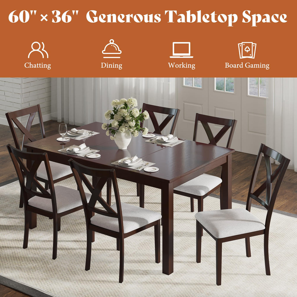 7-Piece Farmhouse Dining Table Set for 6, 60'' Table and 6 Chairs