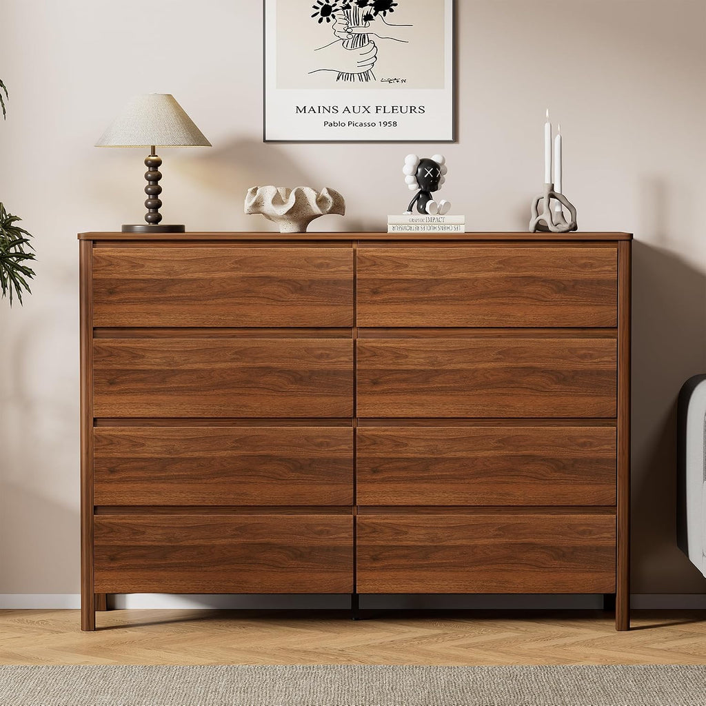 55" Mid-Century Modern Dresser , 8 Drawer Wide Chest of Drawers with Wood Legs, Large Storage Bedroom Dresser, Walnut