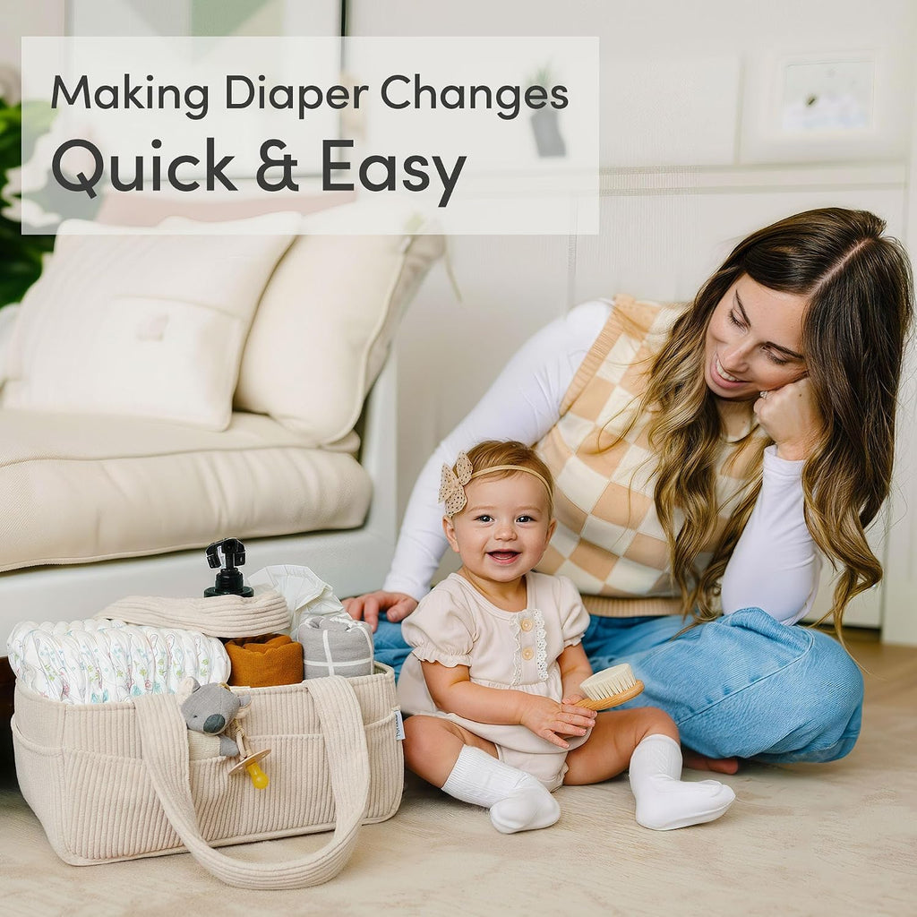 Baby Diaper Caddy Organizer, Nursery Basket (Cream, Corduroy)