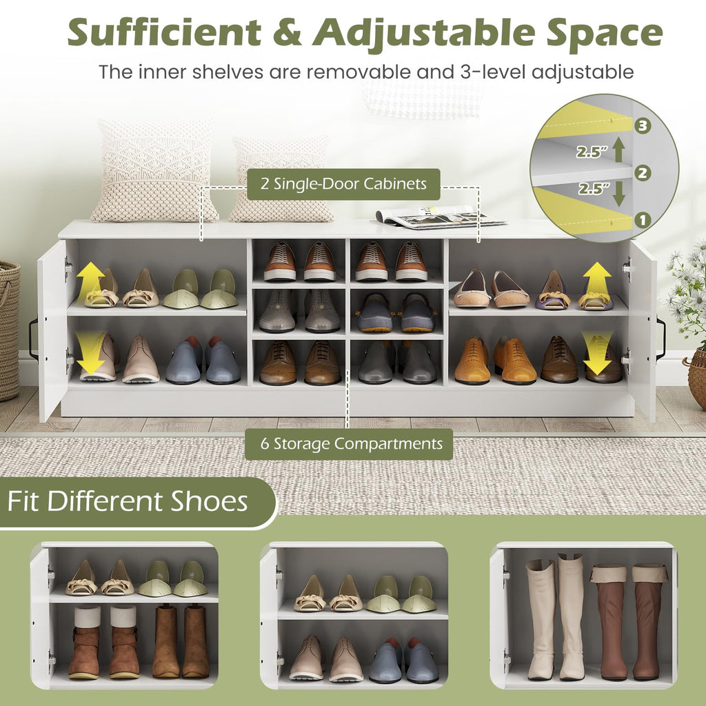 2-Door Shoe Storage Bench, Wooden Entryway Bench with Storage, Adjustable Shelves & 6 Compartments, Modern Shoe