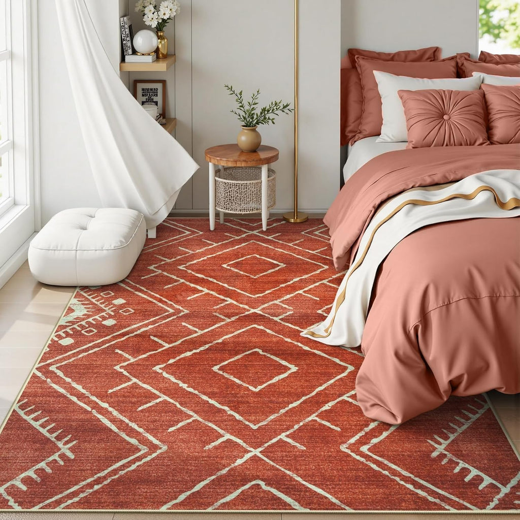 Western 5x7 Area Rug, Washable Orange Rugs Bedroom, Soft Non Slip Moroccan Tribal Rug Geometric Boho Area Rugs