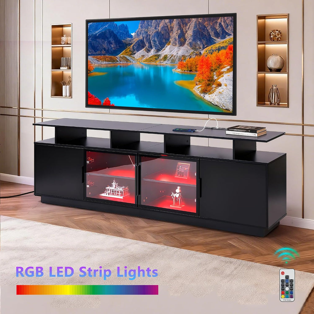 70 Inch Black TV Stand for Living Room, LED Entertainment Center for Gaming, Modern TV Cabinet Console, Transparent
