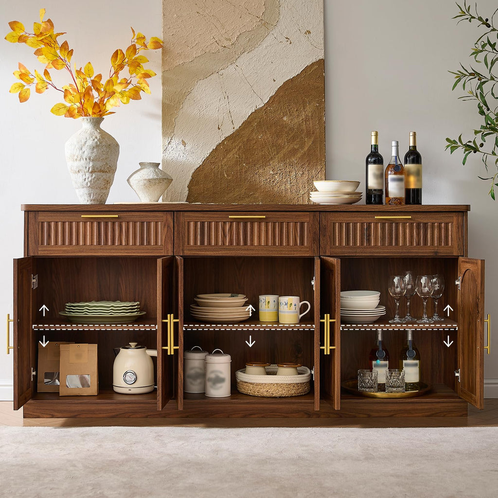 70" Modern Buffet Cabinet with 6 Doors & 3 Drawers Storage, Walnut