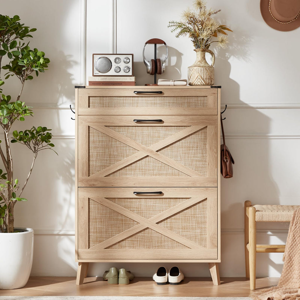 Rattan Shoe Cabinet Storage With 2 Flip Drawers