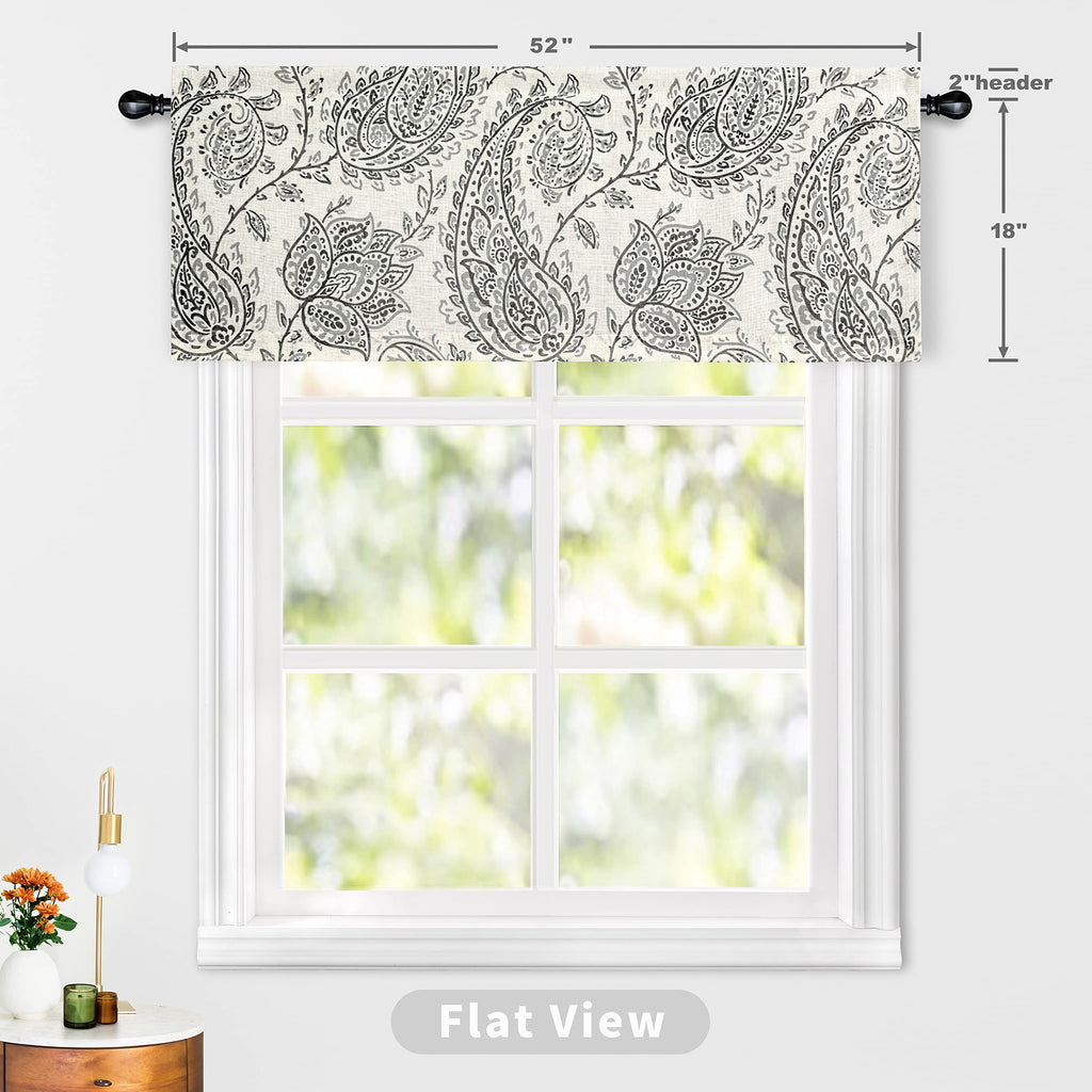Jacob Linen Blend Blackout Valance 18 Inch Length Scroll Floral Paisley Printed Lined Rod Pocket Room Darkening Linen