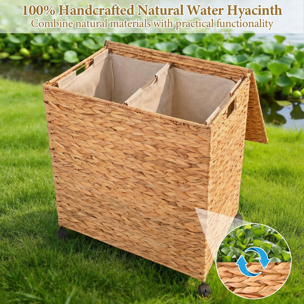 Wicker Laundry Hamper with Lid & Wheel, Rattan Laundry Basket, 120L