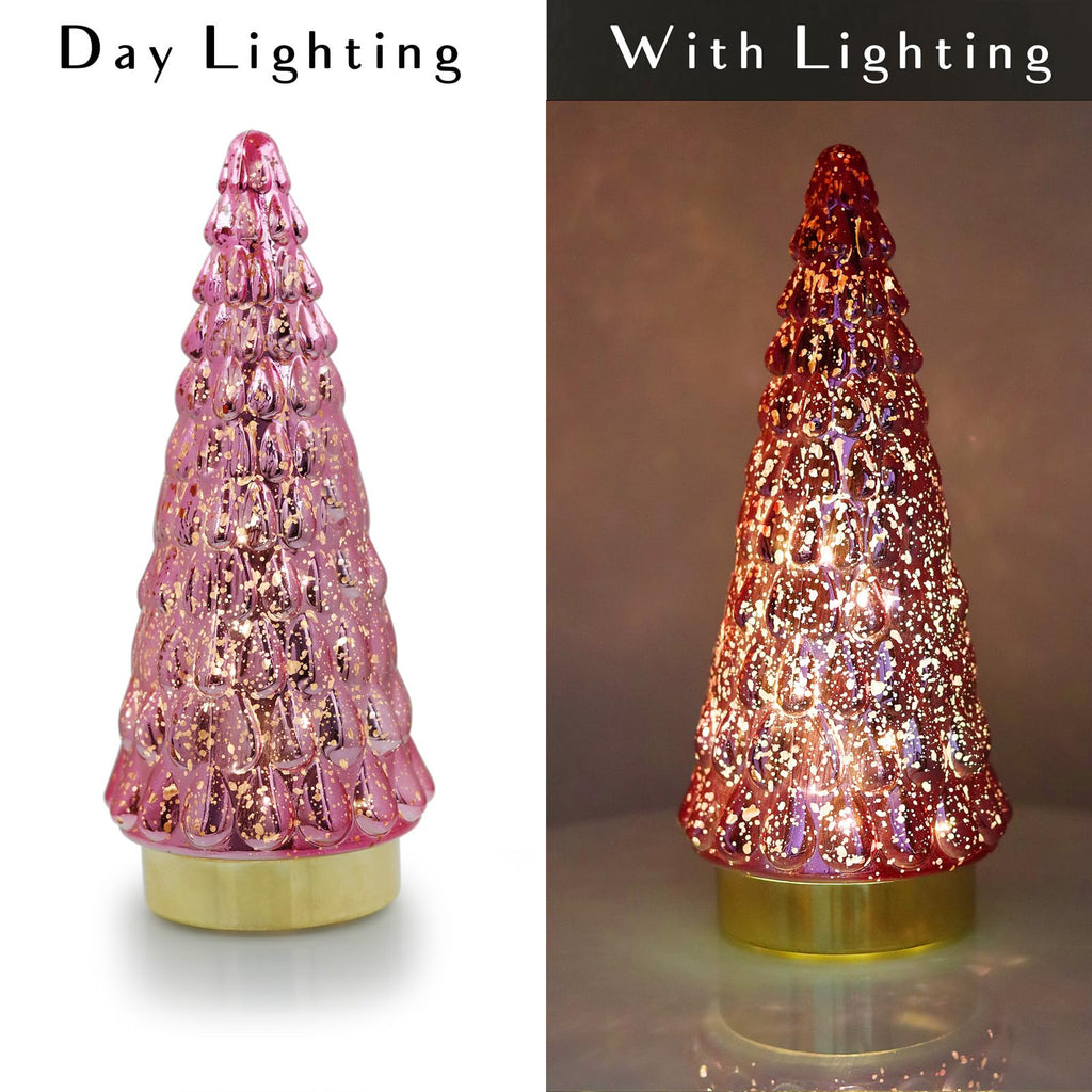 Pink Glass Christmas Tree 2pcs, Tabletop Mercury Christmas Tree with Light, Battery Operated Small Xmas Tree for