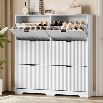 Shoe Storage Cabinet with 6 Flip Drawers, Hidden Slim Wood Shoe Organizer with Modern Fluted Panel, Freestanding