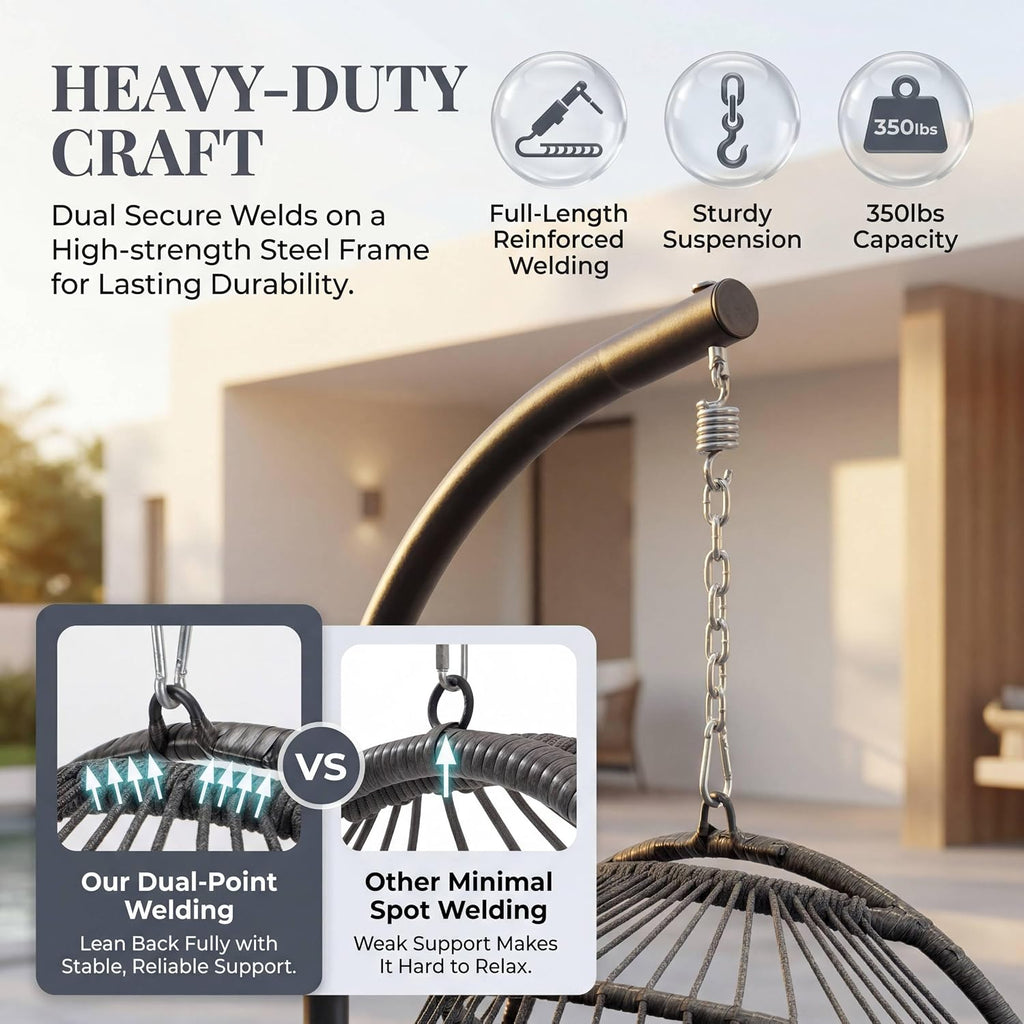 With Stand, Foldable Hanging Egg Chair Outdoor | 350 Lbs Heavy Duty, Foldable, PE Rattan Wicker Egg Swing Chair