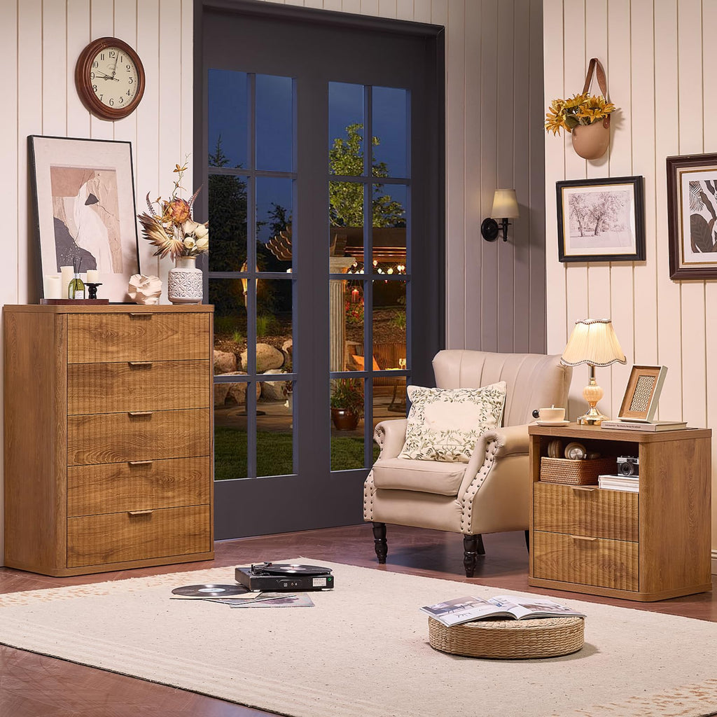 Fluted Farmhouse Nightstand Set of 2 with Charging Station, 23" Wide 2 Drawers End Table, Brown Dresser, Bed Side