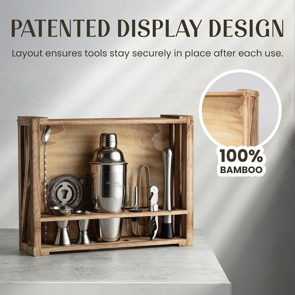 Rustic Cocktail Shaker Set - Includes Wood Stand, Complete Barware Kit with 24 Oz Shaker, Dual Jiggers, Pourers - Set of 11