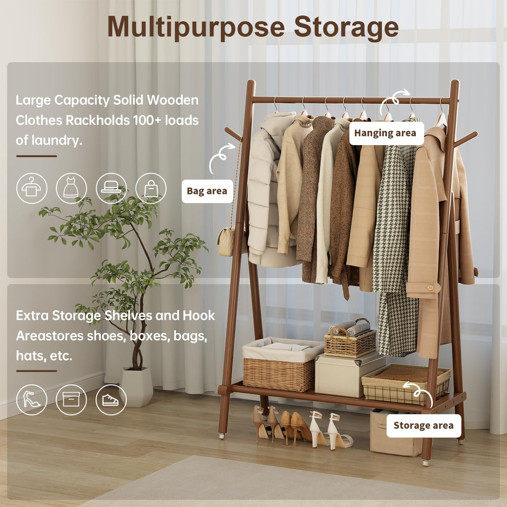 Solid Wood Clothing Rack On Wheels for Hanging Clothes, Walnut