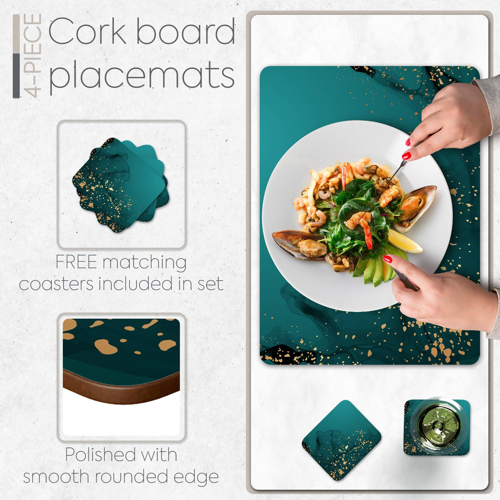 Set of 4 Heat Resistant Cork Placemats for Dining Table with Free Set of 4 Matching Drink Coasters Deep Green and