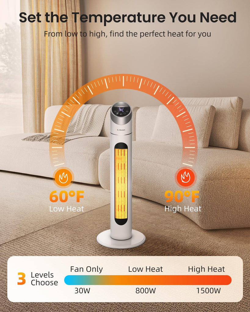 34" Space Heater for Indoor Use, Tower Heater for Large Room, White
