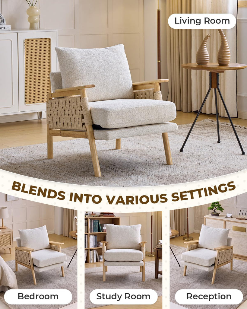 Mid-Century Modern Accent Chair, Woven Rope Arms, Beige