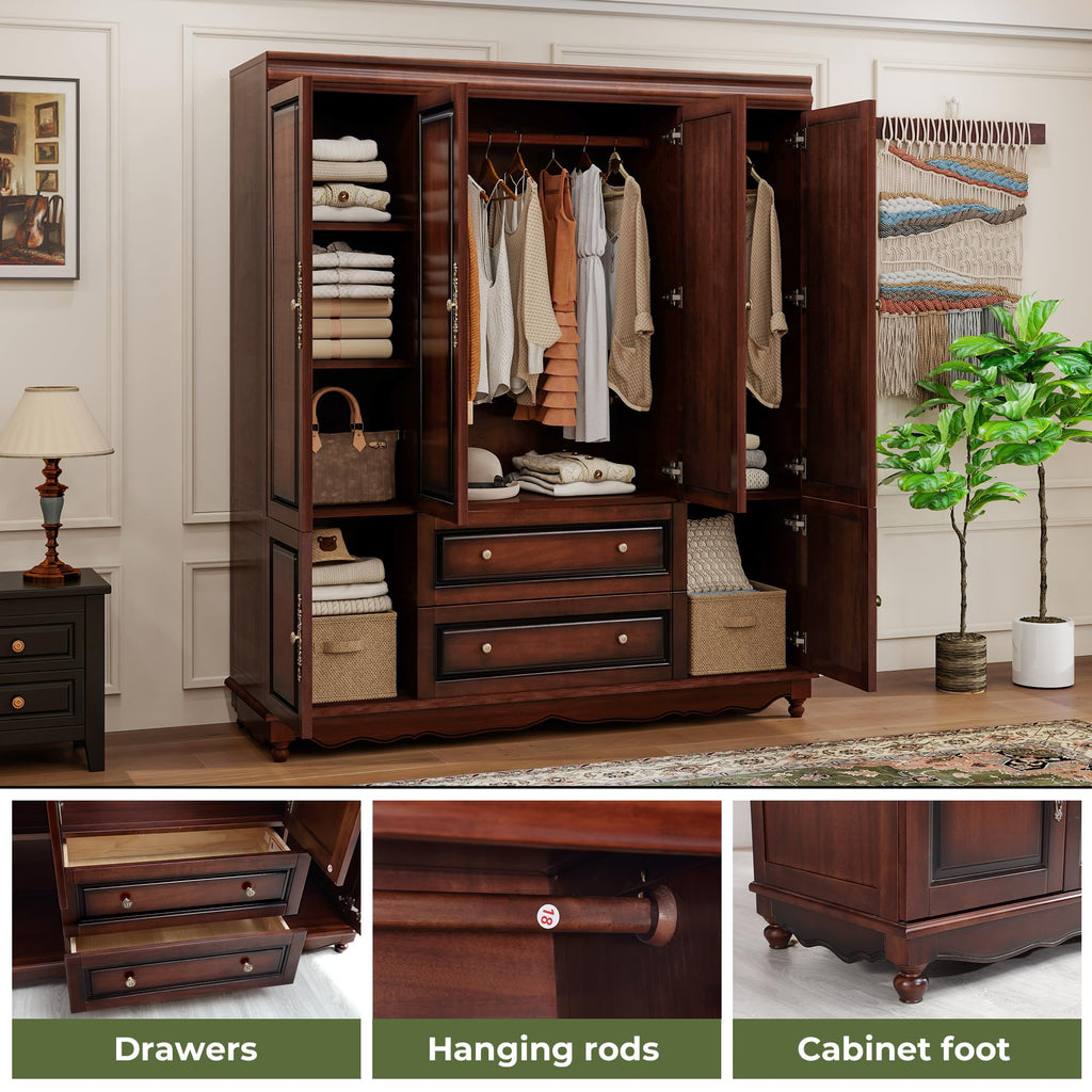 Solid Wood Armoire:Wardrobe Closet with Drawers and Hanging Rod